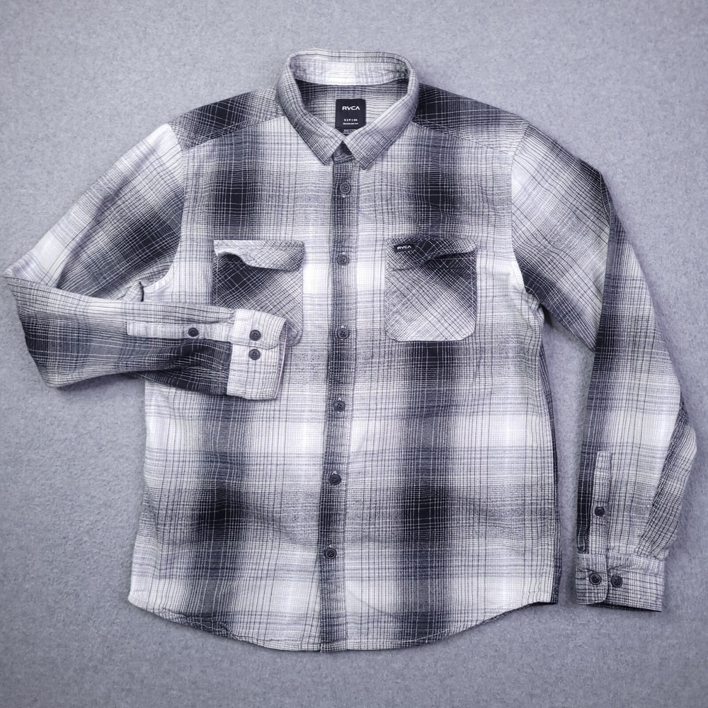 RVCA Flannel Shirt Small Regular Fit Gray Plaid Long Sleeve Button Up Mens